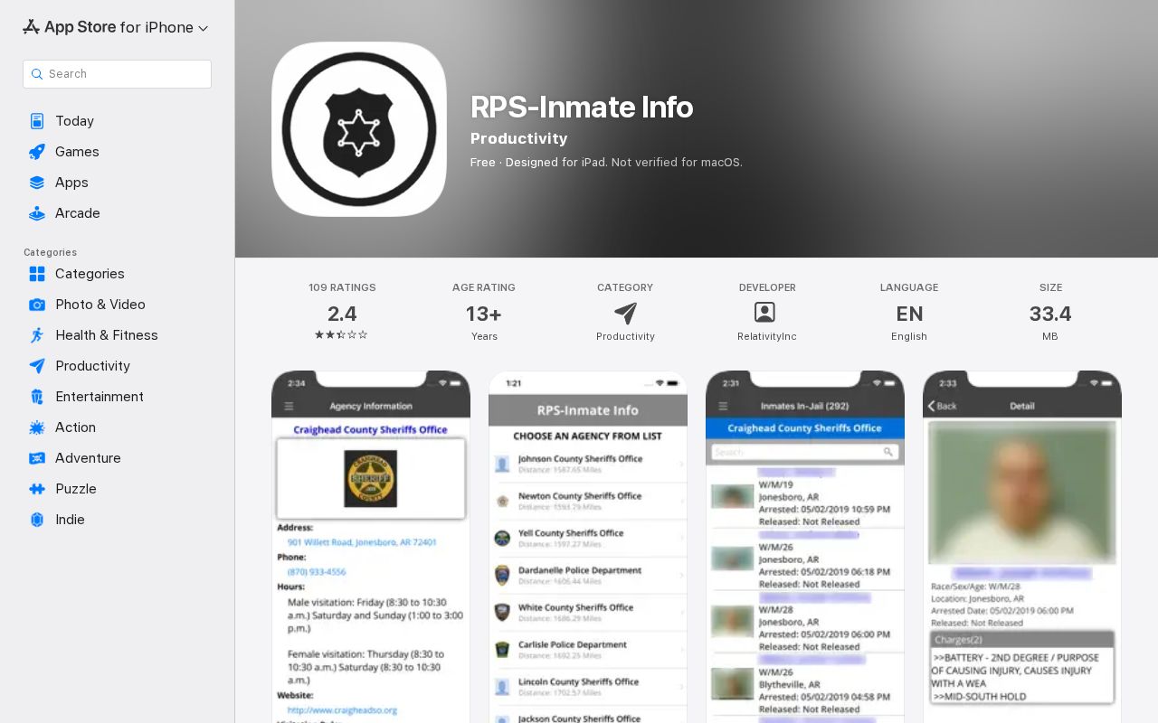 Marion County RPS inmate booking and mugshot app interface