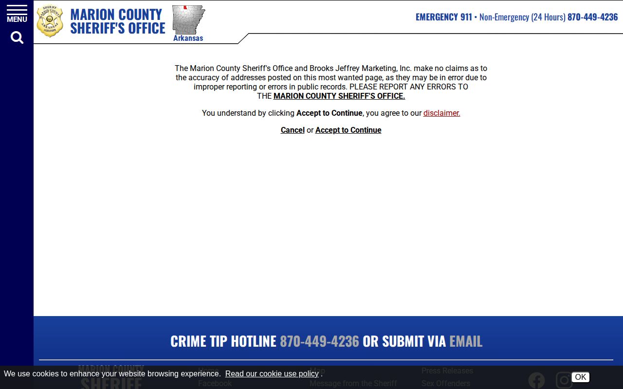 Marion County most wanted warrant safety disclaimer